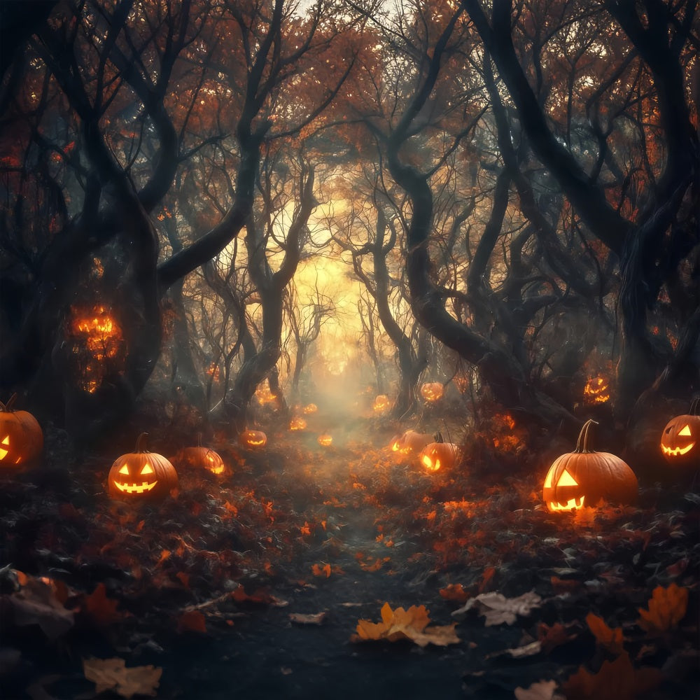 Halloween Graveyard Backdrop Glowing Jack O’Lantern Forest Path Halloween Photo Backdrops TWW58-33