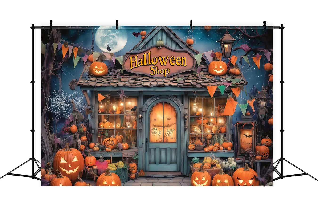 Haunted House Backdrop Pumpkin Filled Spooky Halloween Shopfront Halloween Photo Backdrops TWW58-34