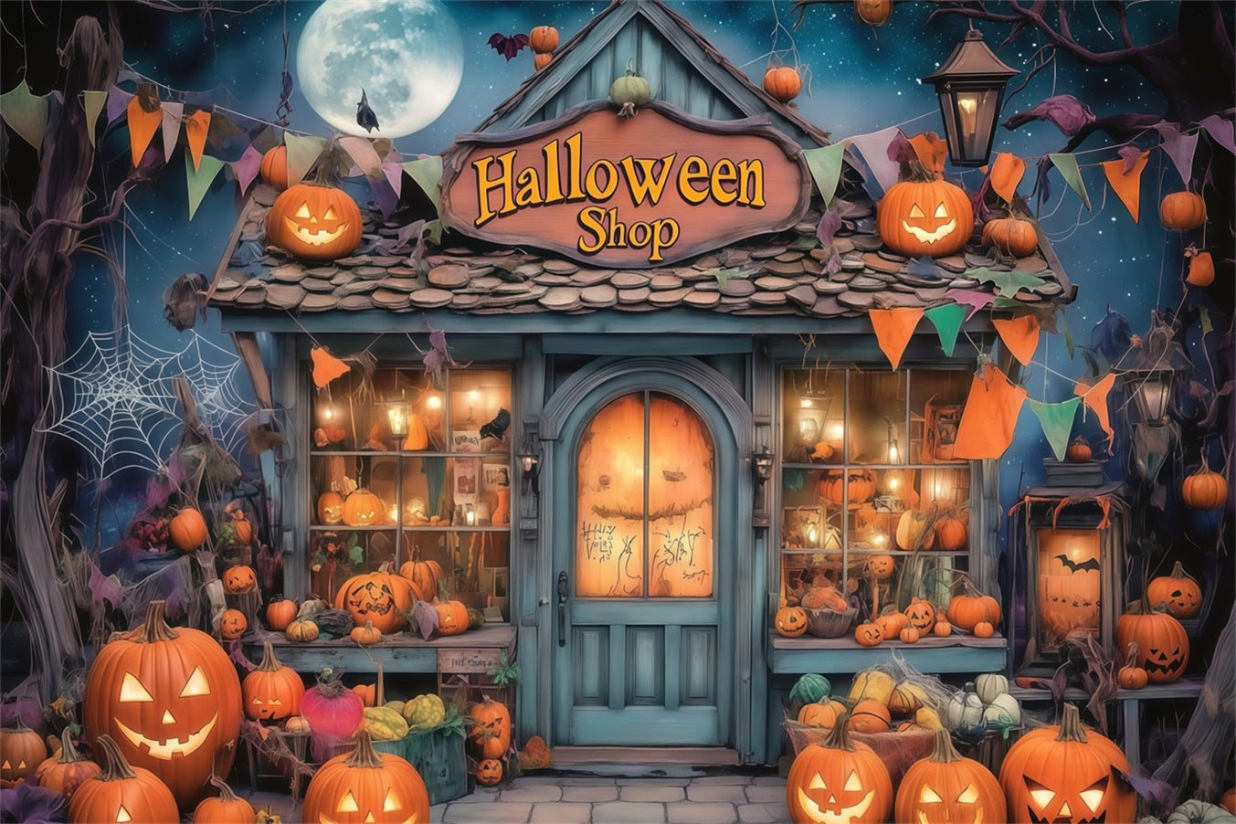 Haunted House Backdrop Pumpkin Filled Spooky Halloween Shopfront Halloween Photo Backdrops TWW58-34