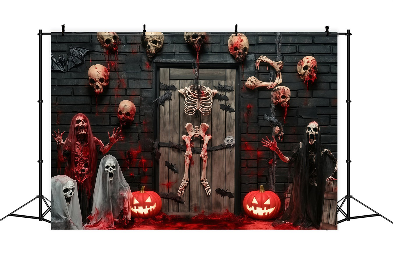Garage Door Halloween Backdrop Bloody Skeletons and Skulls Haunted Door Scary Halloween Backdrops TWW58-35