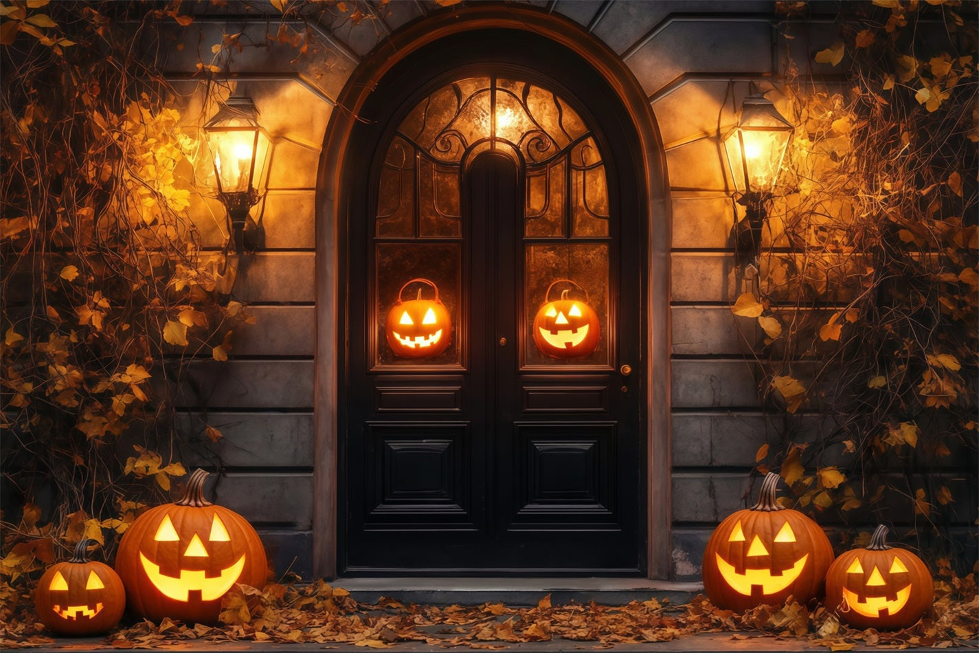 Garage Door Halloween Backdrop Glowing Jack-O’-Lanterns Rustic Doorway Spooky Halloween Backdrop TWW58-37