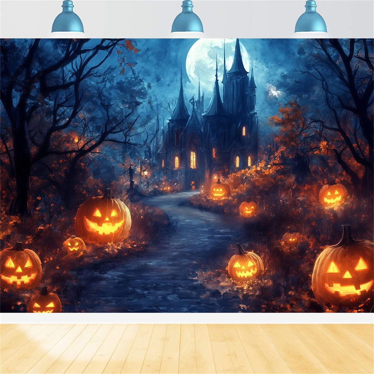 Halloween Moonlit Pathway to Haunted Pumpkin Castle Spooky Halloween Backdrop TWW58-39