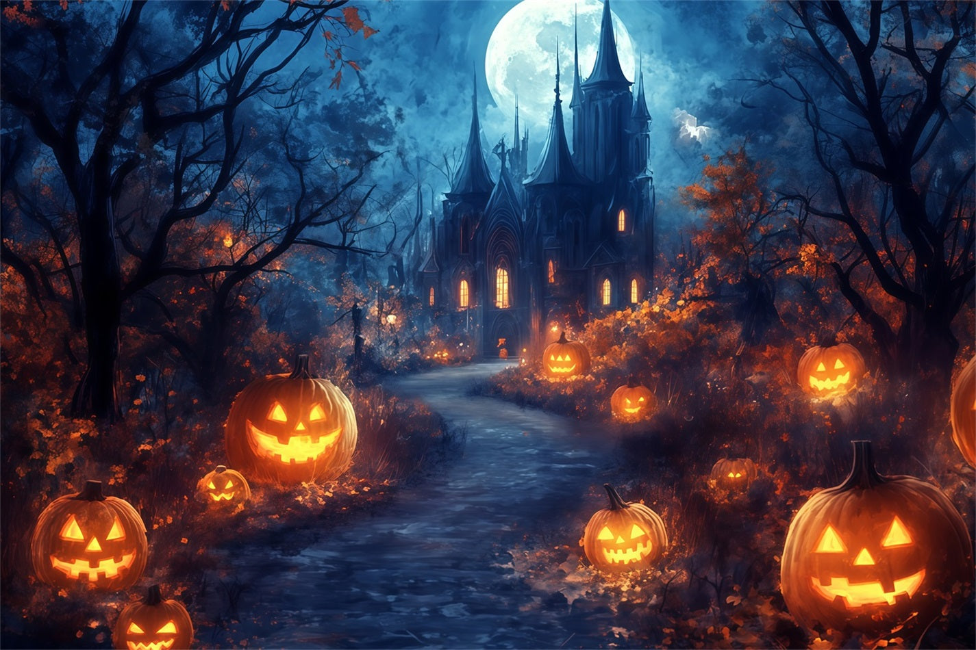 Halloween Moonlit Pathway to Haunted Pumpkin Castle Spooky Halloween Backdrop TWW58-39