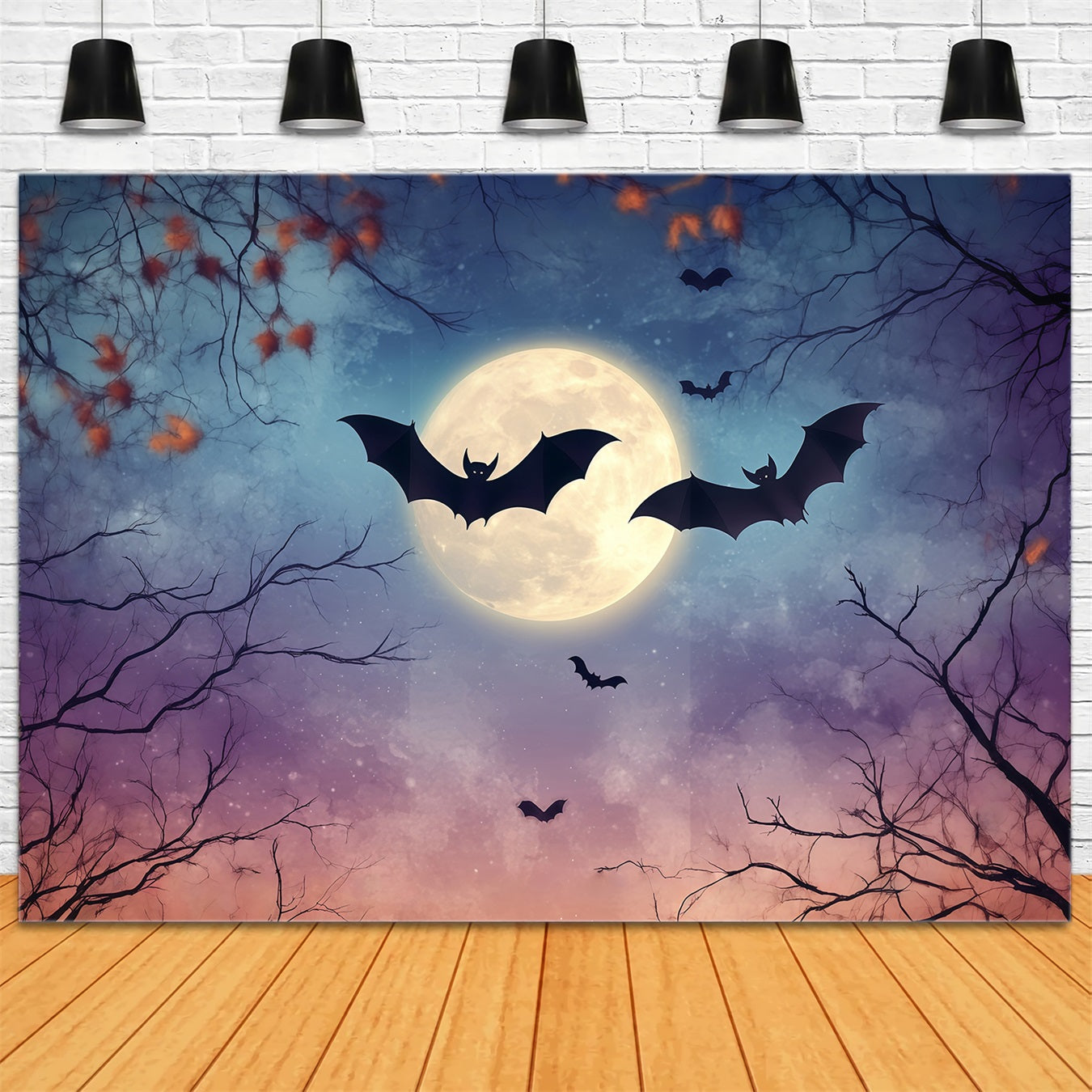 Halloween Full Moon Bats and Autumn Branches Halloween Photography Backdrop TWW58-41