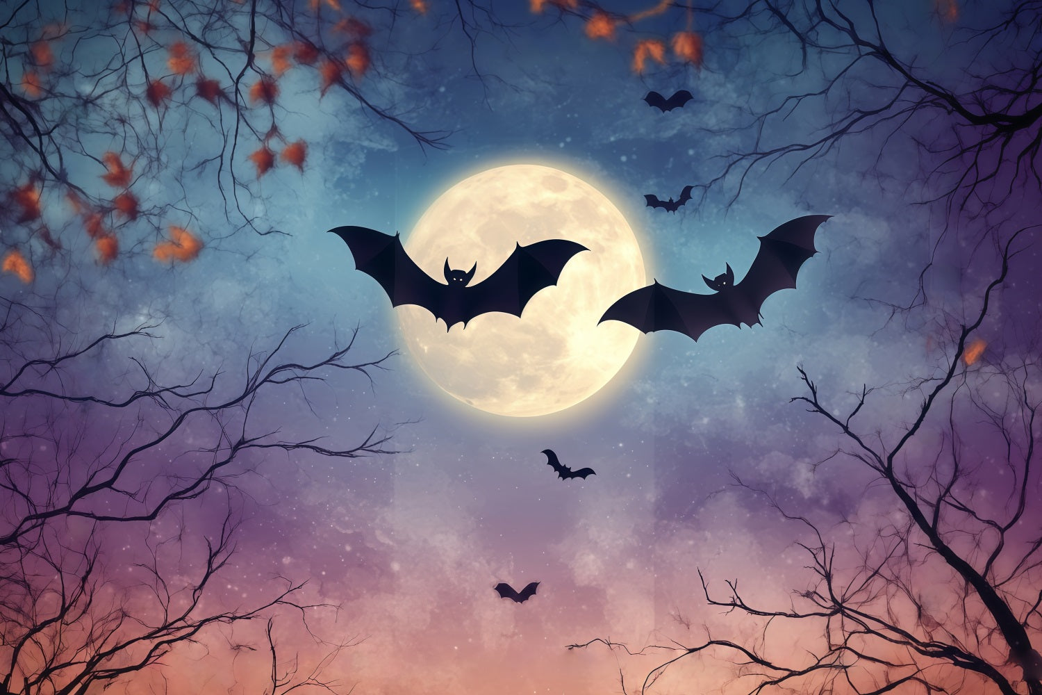 Halloween Full Moon Bats and Autumn Branches Halloween Photography Backdrop TWW58-41