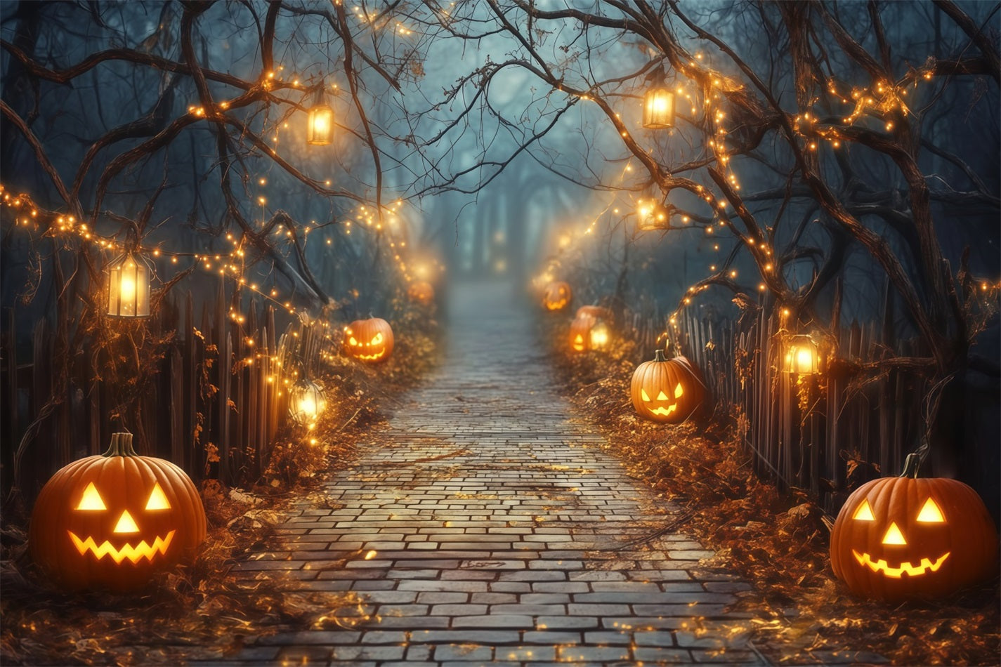 Halloween Glowing Jack-O’-Lantern Pathway with Lanterns Halloween Photography Backdrop TWW58-42