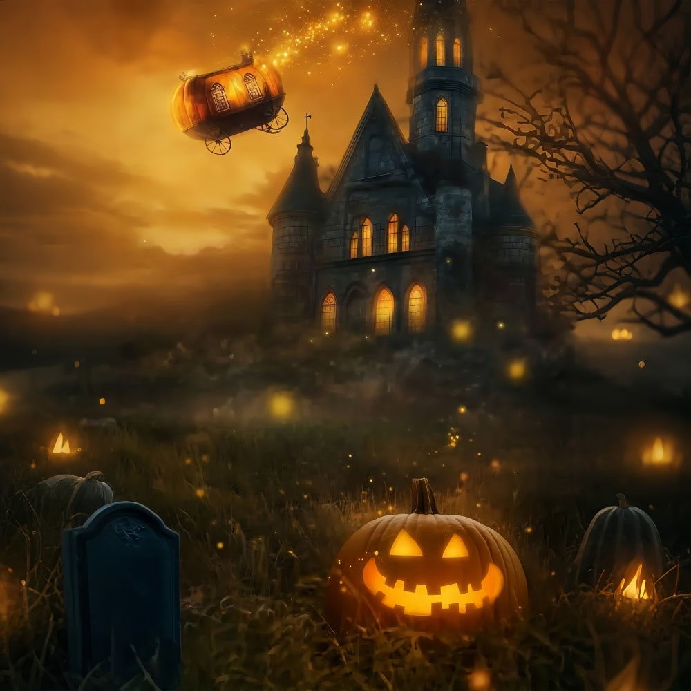 Halloween Graveyard Backdrop Pumpkin Carriage Flying over Spooky Castle Halloween Photography Backdrop TWW58-44