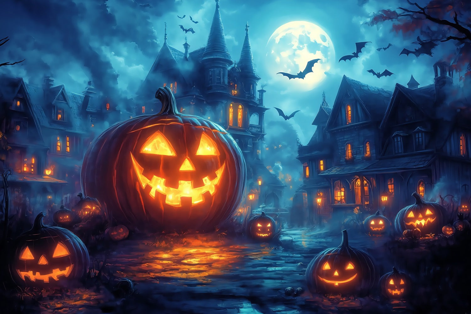 Halloween Graveyard Backdrop Glowing Jack-O’-Lantern Street under Full Moon Halloween Photography Backdrop TWW58-45