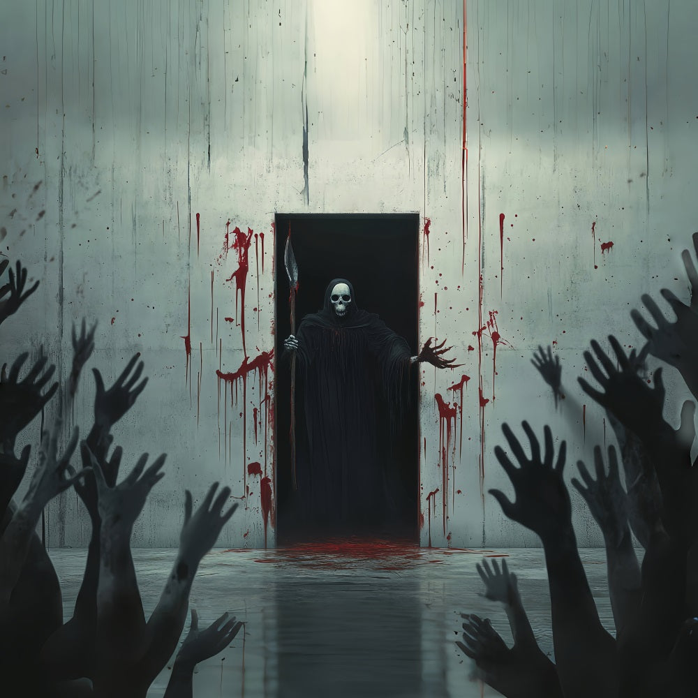 Halloween Wall Backdrop Bloodstained Wall with Grim Reaper Figure Scary Halloween Backdrops TWW58-47