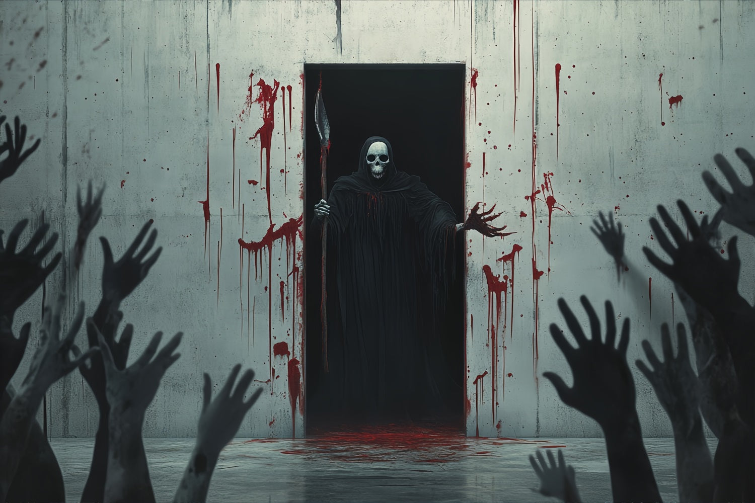 Halloween Wall Backdrop Bloodstained Wall with Grim Reaper Figure Scary Halloween Backdrops TWW58-47