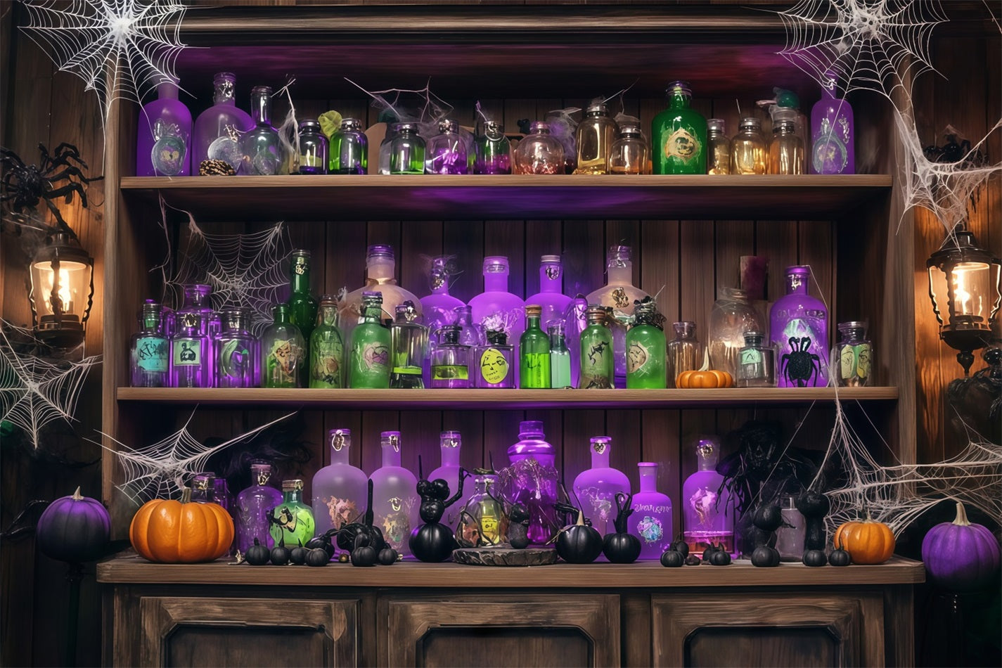 Halloween Wall Backdrop Potion Bottles and Cobwebs on Wooden Shelf Halloween Backdrops TWW58-48