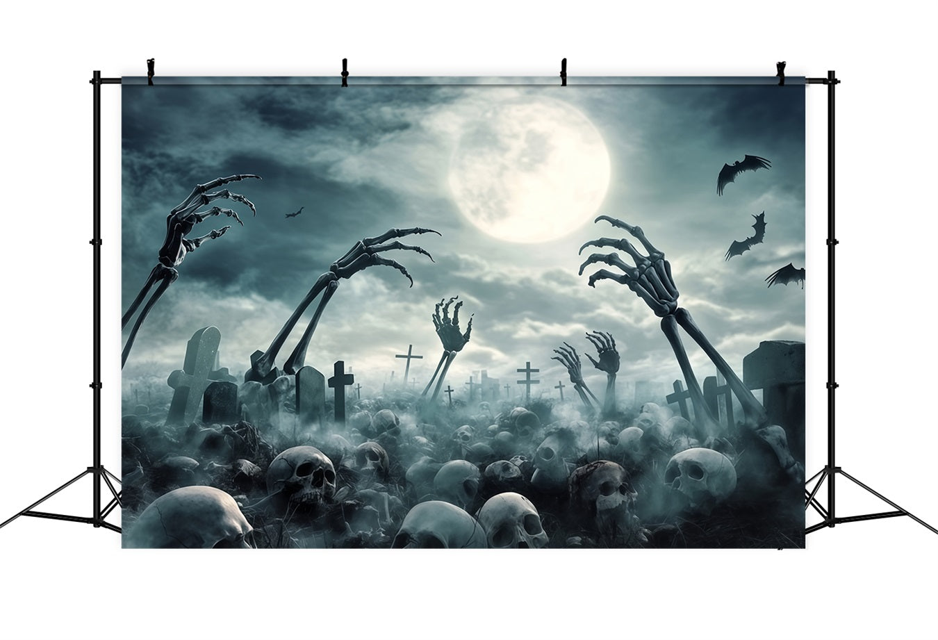 Garage Door Halloween Backdrop Graveyard Skeleton Hands and Full Moon Scary Halloween Backdrops TWW58-49