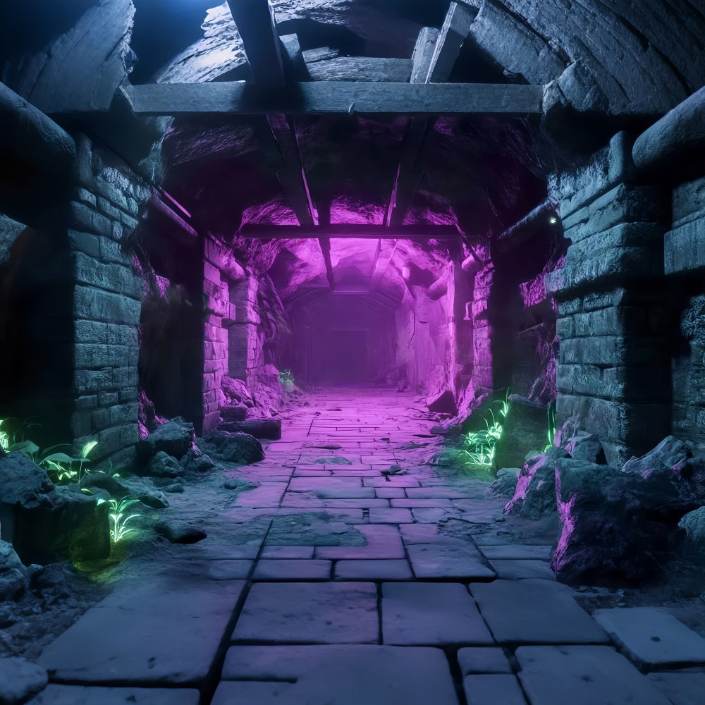 Halloween Ancient Stone Tunnel with Neon Lights Halloween Backdrops for Photos TWW58-51