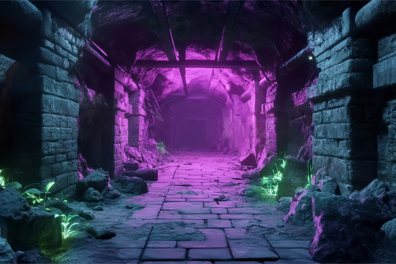 Halloween Ancient Stone Tunnel with Neon Lights Halloween Backdrops for Photos TWW58-51