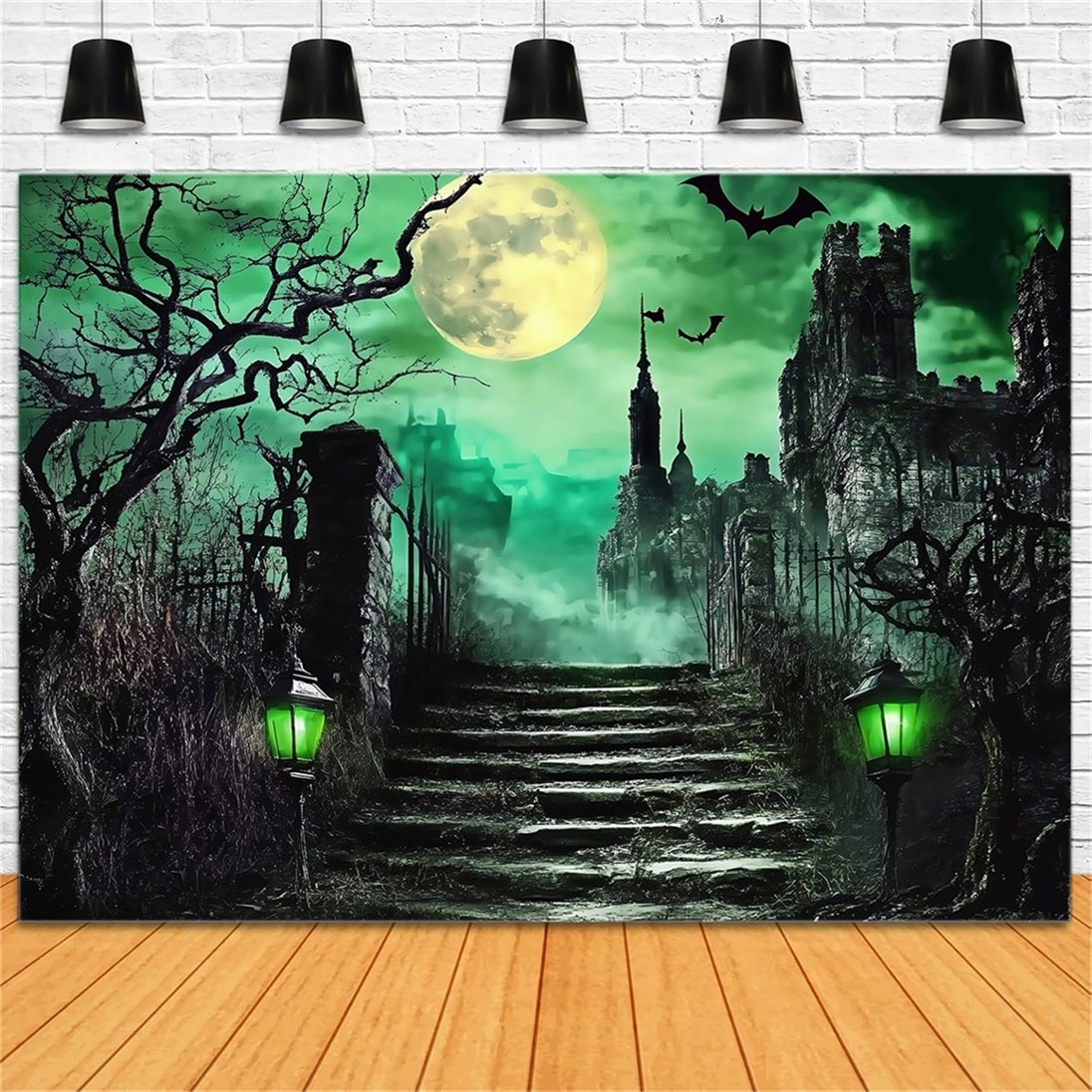 Halloween Graveyard Backdrop Haunted Castle Stairs under Green Moon Halloween Photo Backdrops TWW58-52