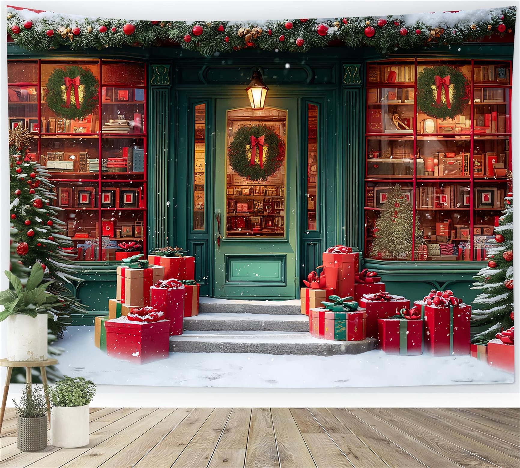 Toy Store Backdrop Festive Bookstore Snowy Entrance Christmas Photo Backdrops TWW59-110