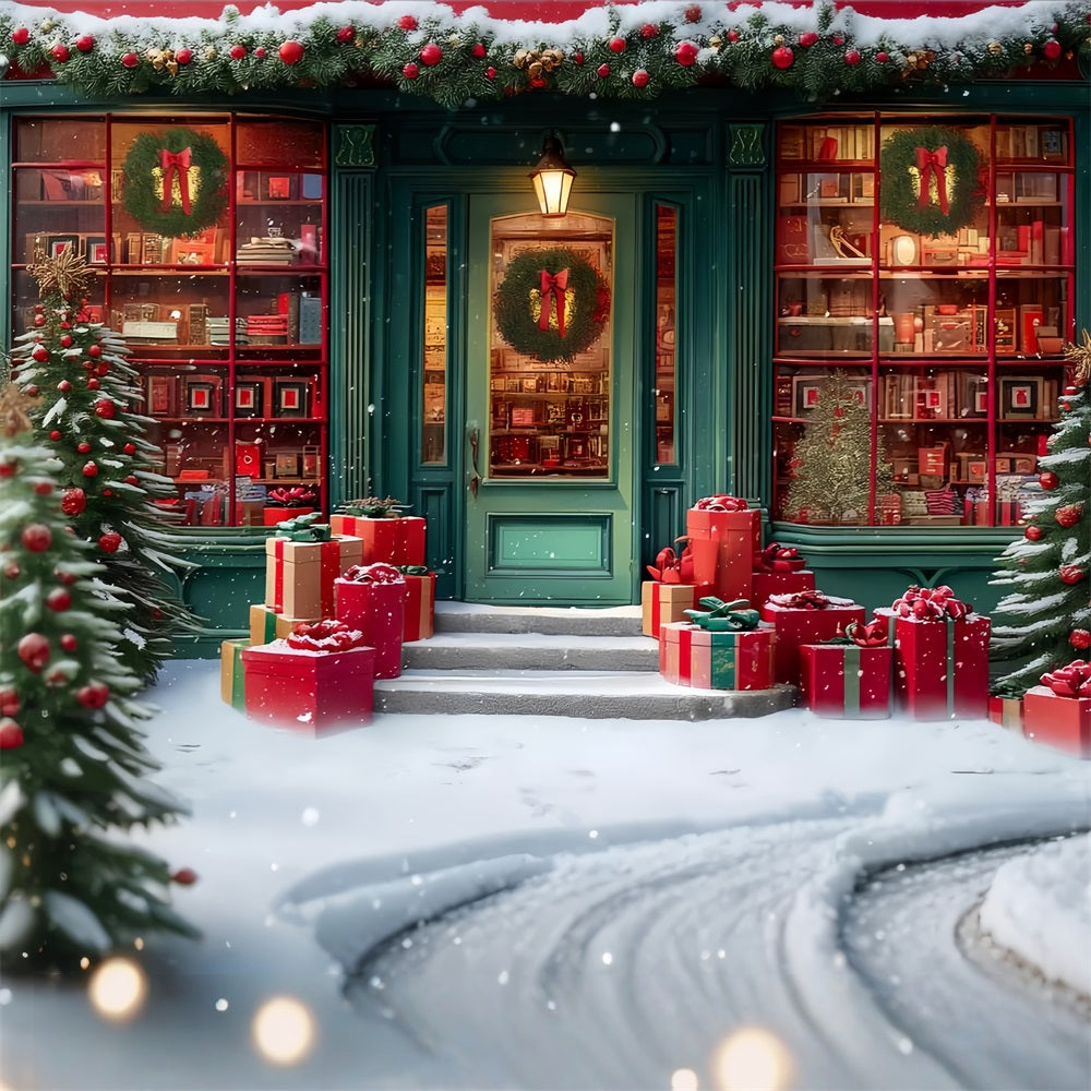 Toy Store Backdrop Festive Bookstore Snowy Entrance Christmas Photo Backdrops TWW59-110