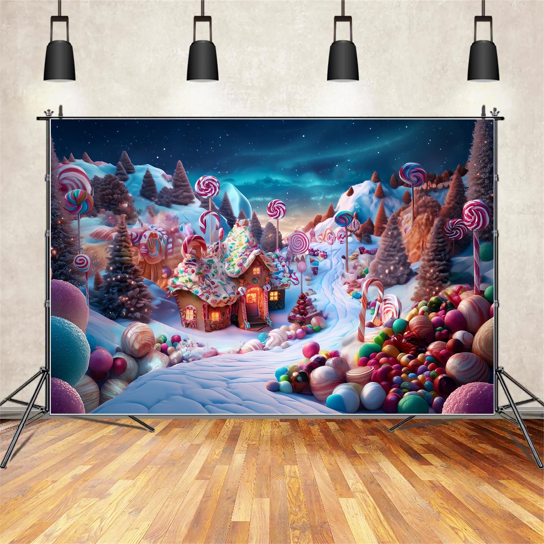 Candyland Backdrop Candy Wonderland Gingerbread Cottage Christmas Photo Backdrop TWW59-119