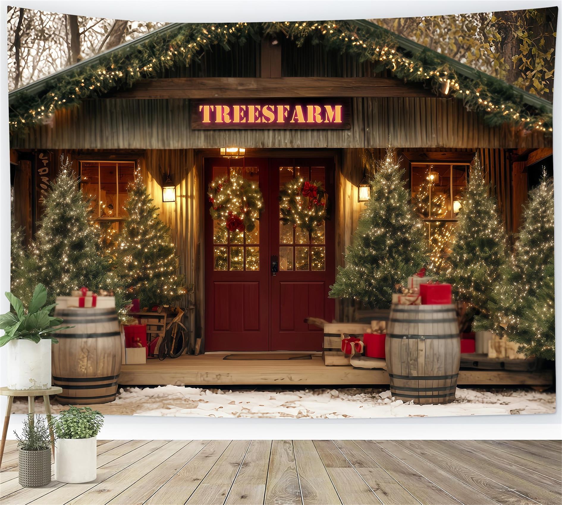 Christmas Farm Backdrop Rustic Tree Farm Entrance Christmas Photo Backdrops TWW59-122