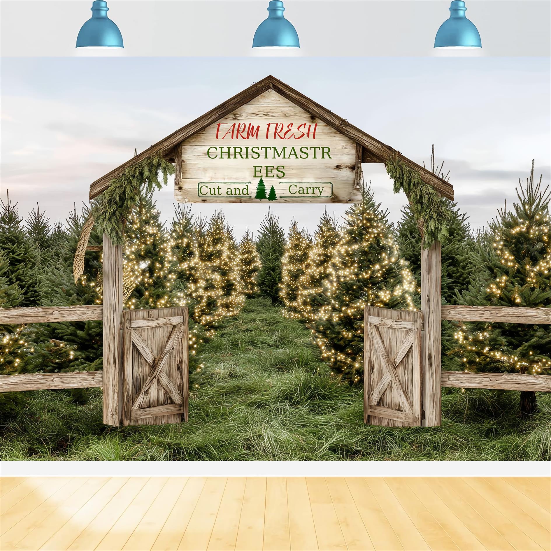 Christmas Farm Backdrop Farm Fresh Evergreen Path Professional Christmas Backdrops TWW59-124