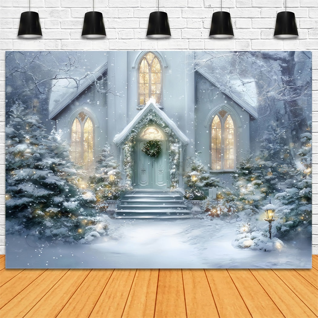 Church Backdrop Snowy Church Entrance Glow Christmas Backdrop Photography TWW59-125