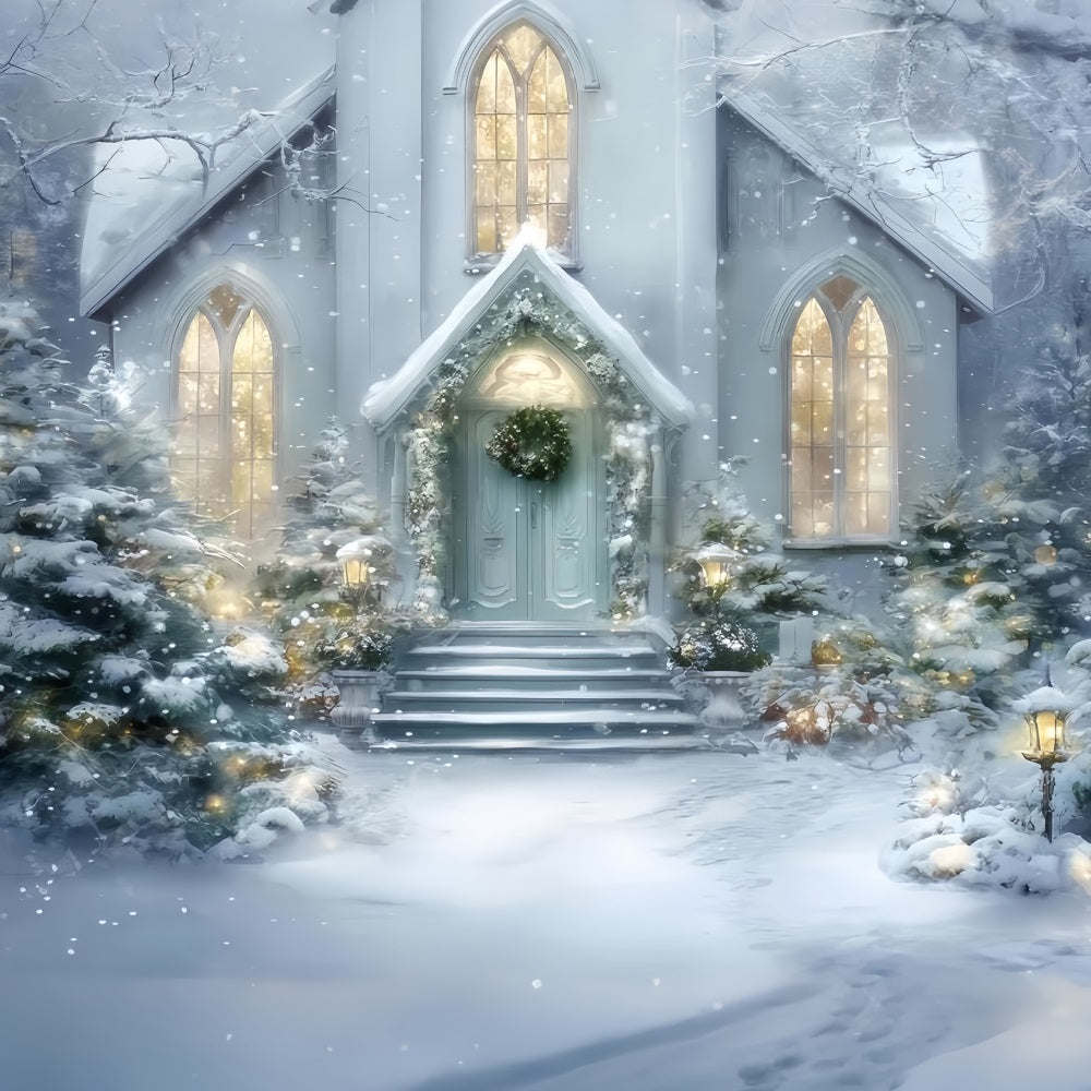 Church Backdrop Snowy Church Entrance Glow Christmas Backdrop Photography TWW59-125