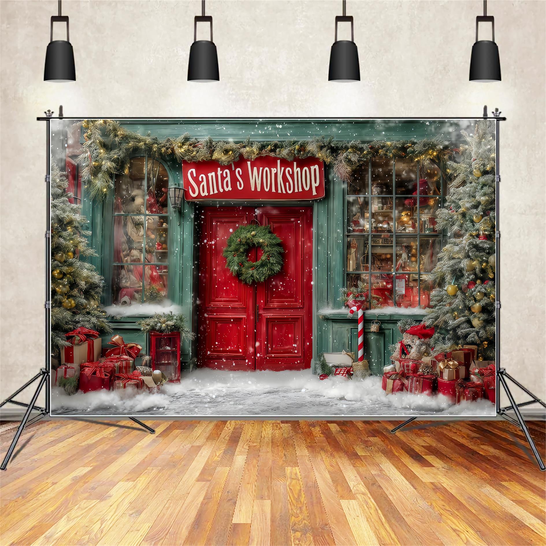 Santa's Workshop Backdrop Santa Workshop Festive Front Christmas Backdrops TWW59-127