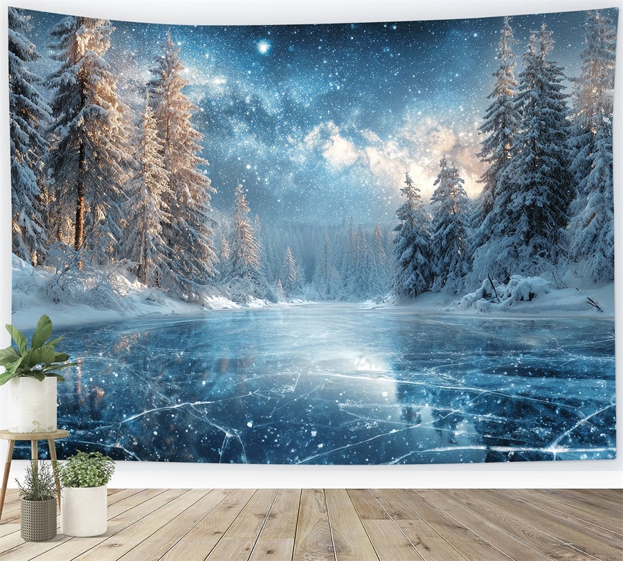 Winter Forest Backdrop Frozen Lake Starry Night Snowy Forest Backdrop TWW59-129