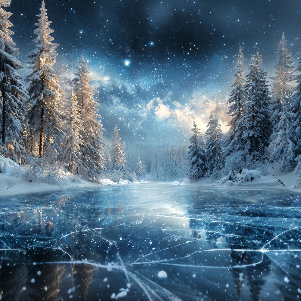 Winter Forest Backdrop Frozen Lake Starry Night Snowy Forest Backdrop TWW59-129
