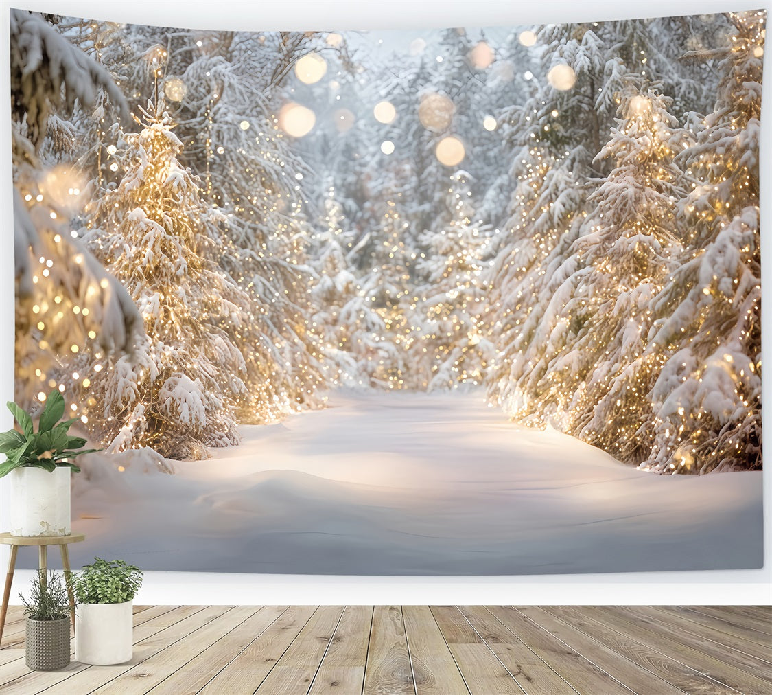 Snowy Forest Backdrop Snow Trees Golden Lights Winter Forest Backdrop TWW59-133
