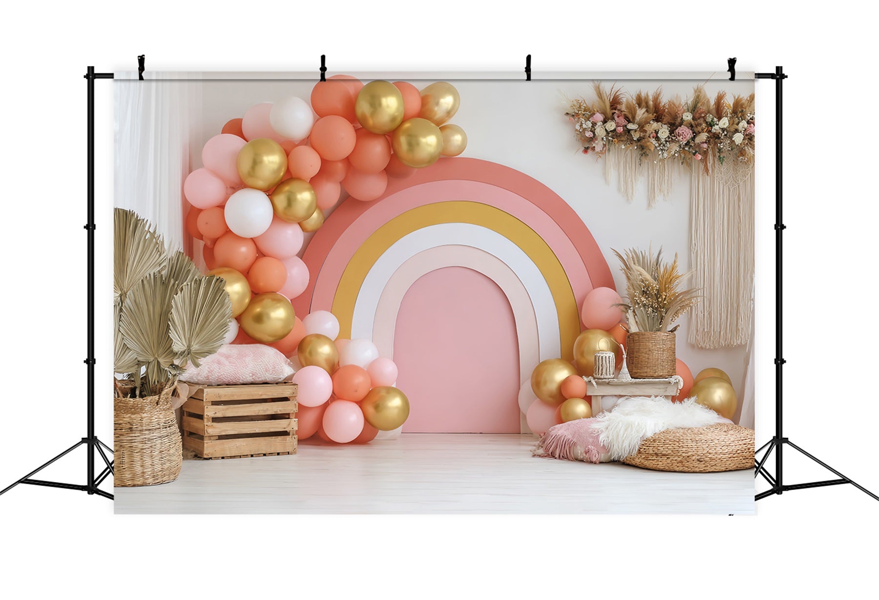 Cake Smash Backdrops Golden Rainbow Balloon Setup Cake Photography Backdrops TWW59-211