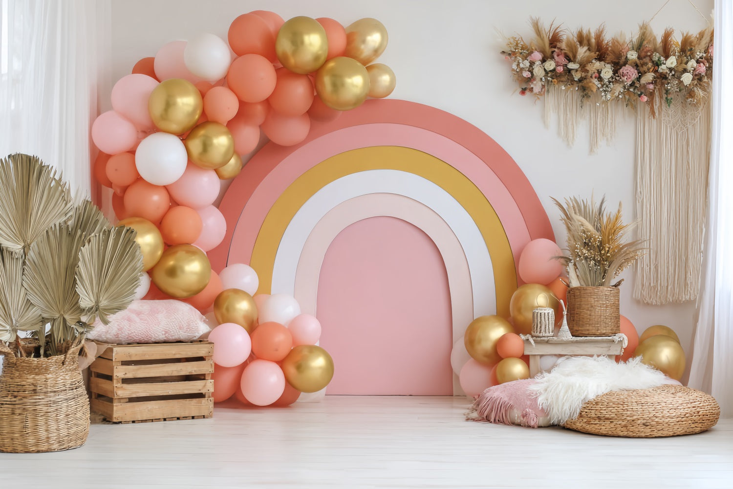 Cake Smash Backdrops Golden Rainbow Balloon Setup Cake Photography Backdrops TWW59-211