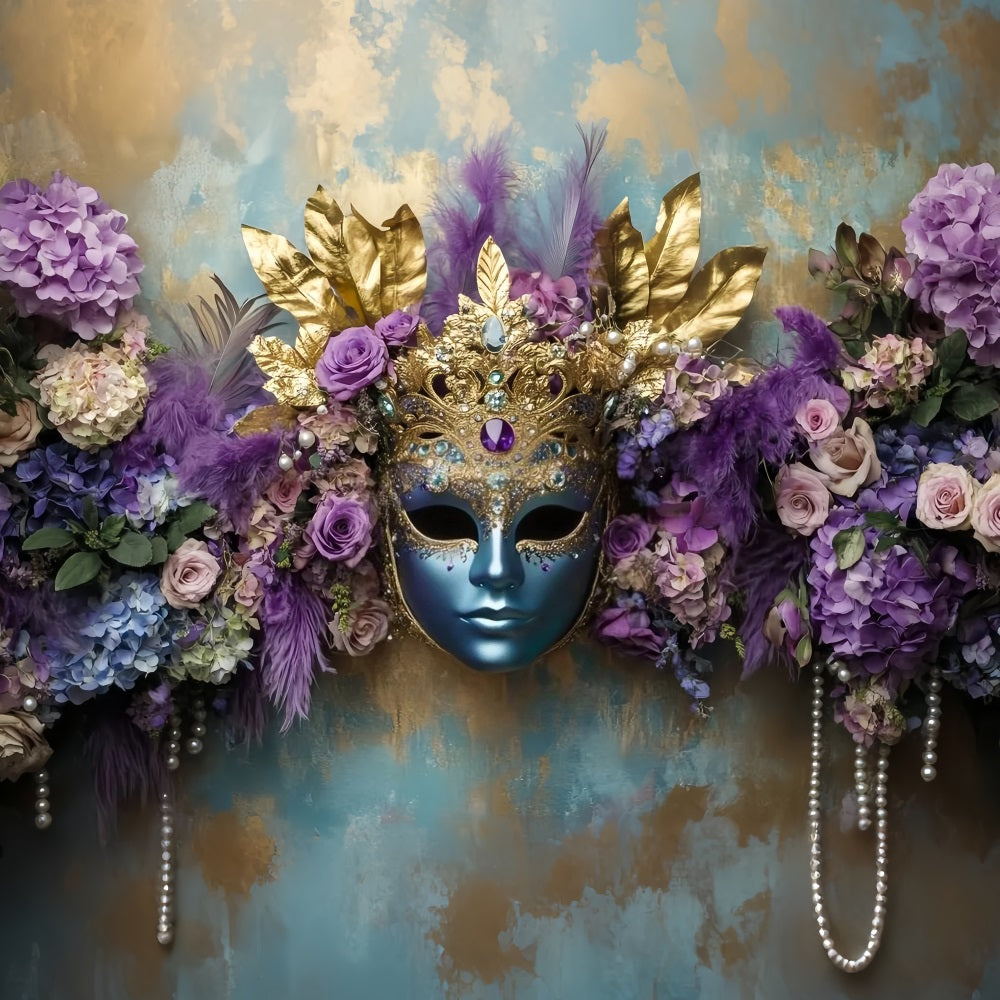 Mask Carnival Backdrop Blue Mask Purple Floral Elegance Carnival Backdrops TWW59-22