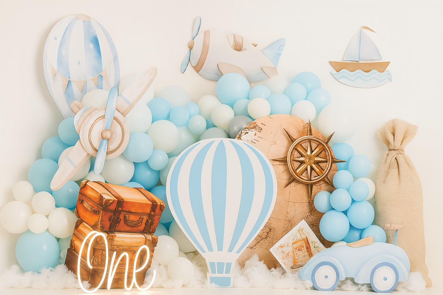 Cake Smash Backdrop Blue Travel Adventure Theme Birthday Backdrops TWW59-220