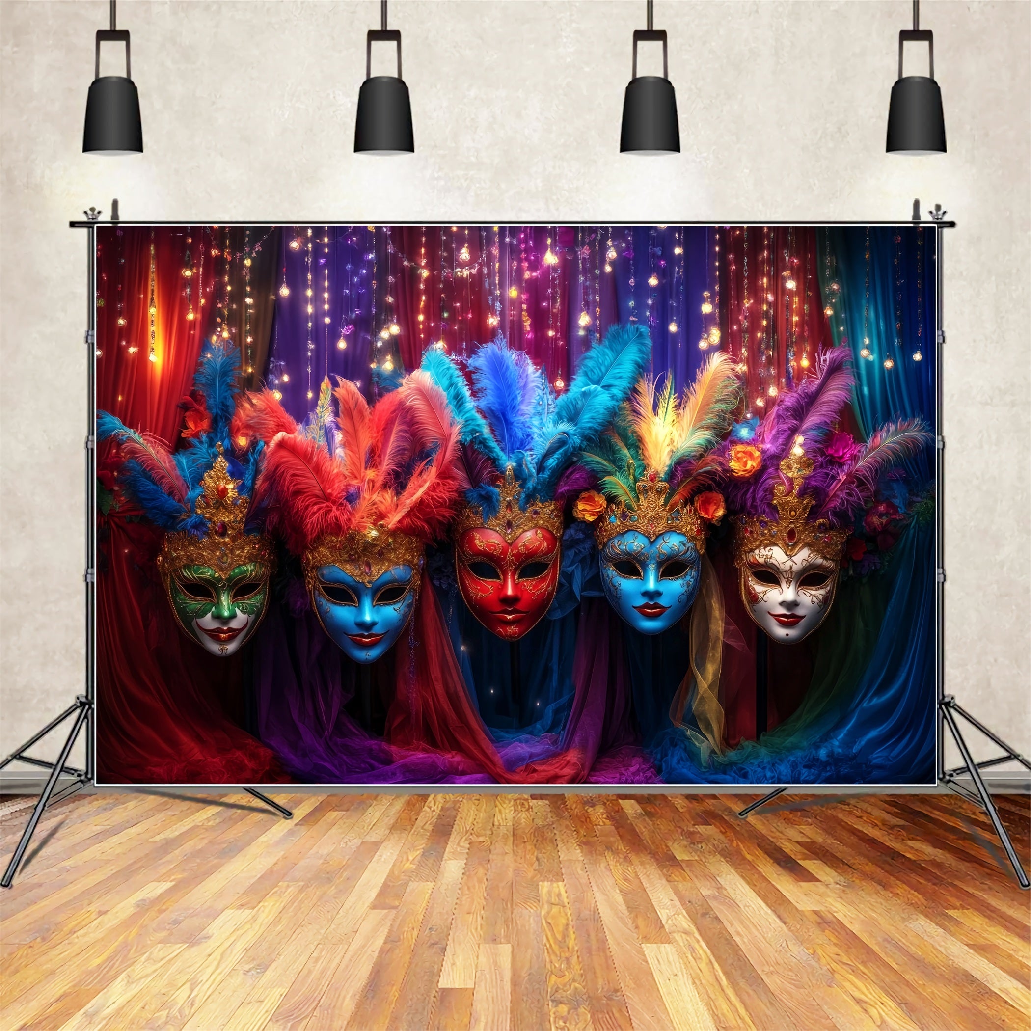 Mask Carnival Backdrop Colorful Feathered Masquerade Carnival Backdrop Ideas TWW59-27