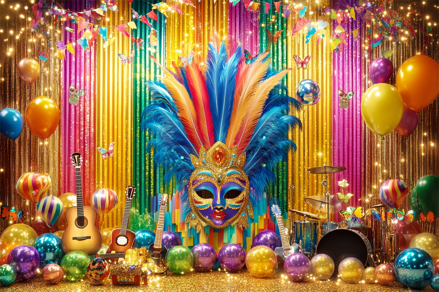 Mask Carnival Backdrop Colorful Feather Mask Party Stage Carnival Backdrops TWW59-6