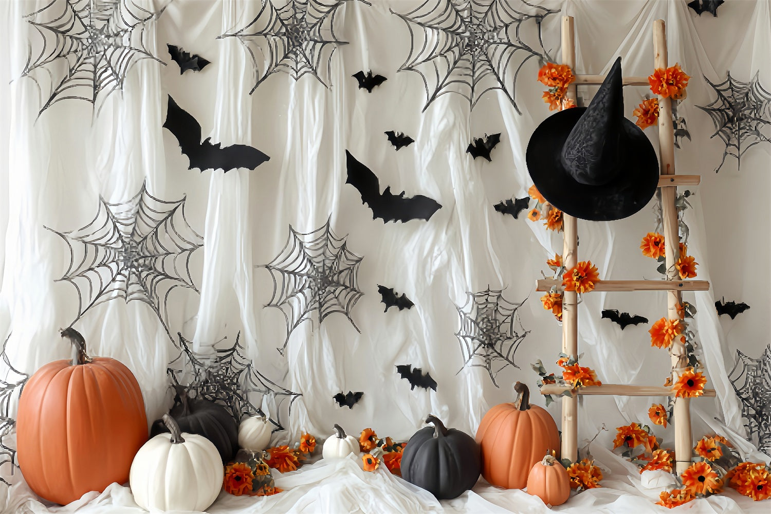 Halloween Bat Backdrop Pumpkin Spider Web Ladder Halloween Photo Backdrop TWW59-62