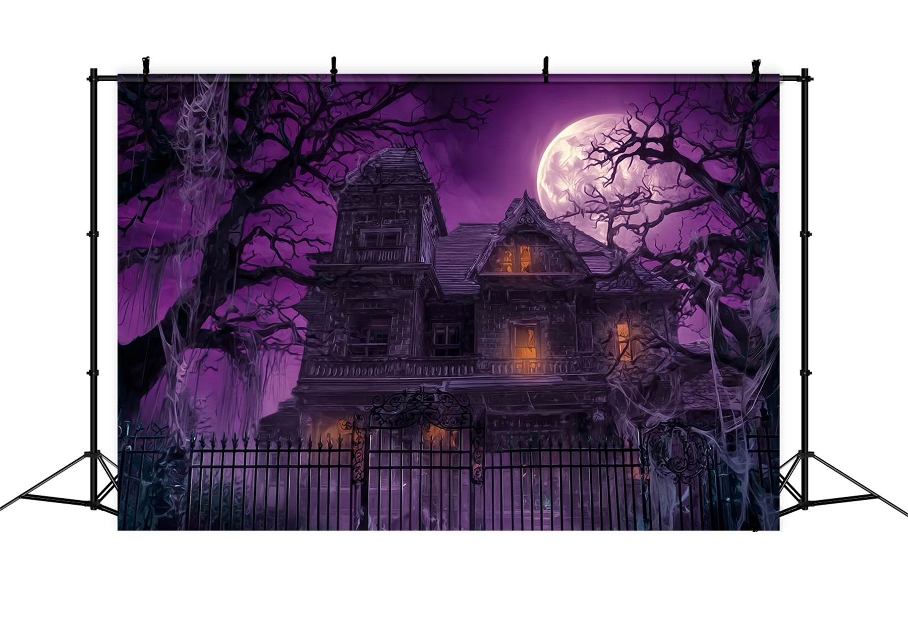 Halloween Haunted Mansion Backdrop Purple Sky Full Moon Scary Halloween Backdrops TWW59-63