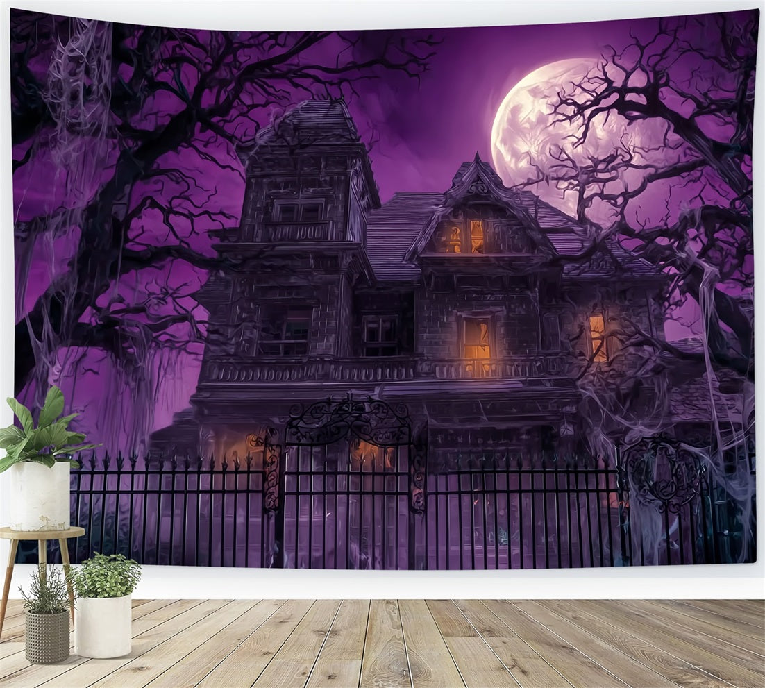 Halloween Haunted Mansion Backdrop Purple Sky Full Moon Scary Halloween Backdrops TWW59-63