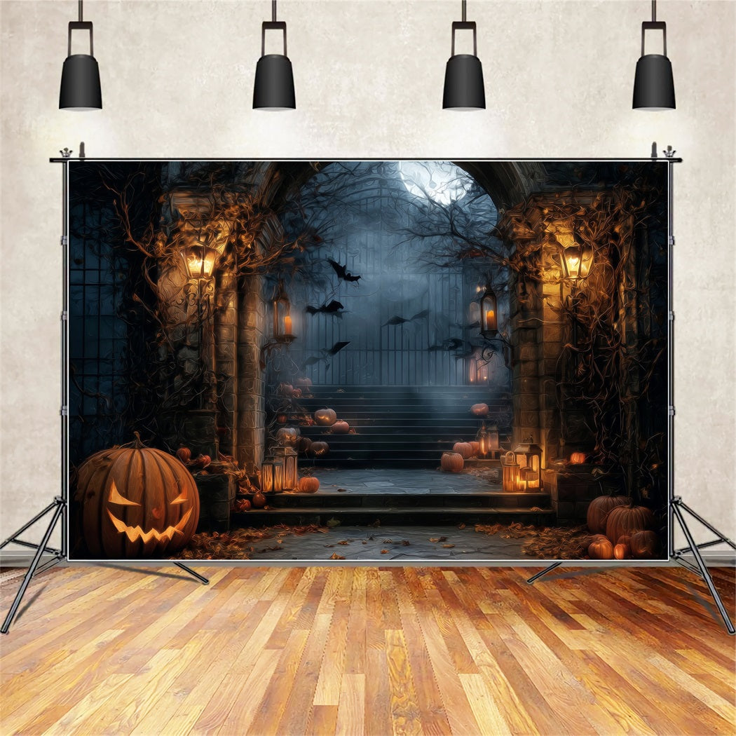 Halloween Haunted Forest Backdrop Spooky Gate Lantern Pumpkins Halloween Backdrop TWW59-64