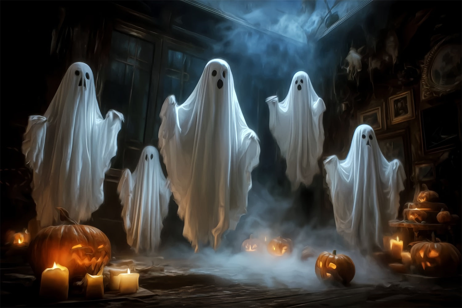 Halloween Ghost Backdrop Floating Ghosts Candle Pumpkins Spooky Halloween Backdrop TWW59-65