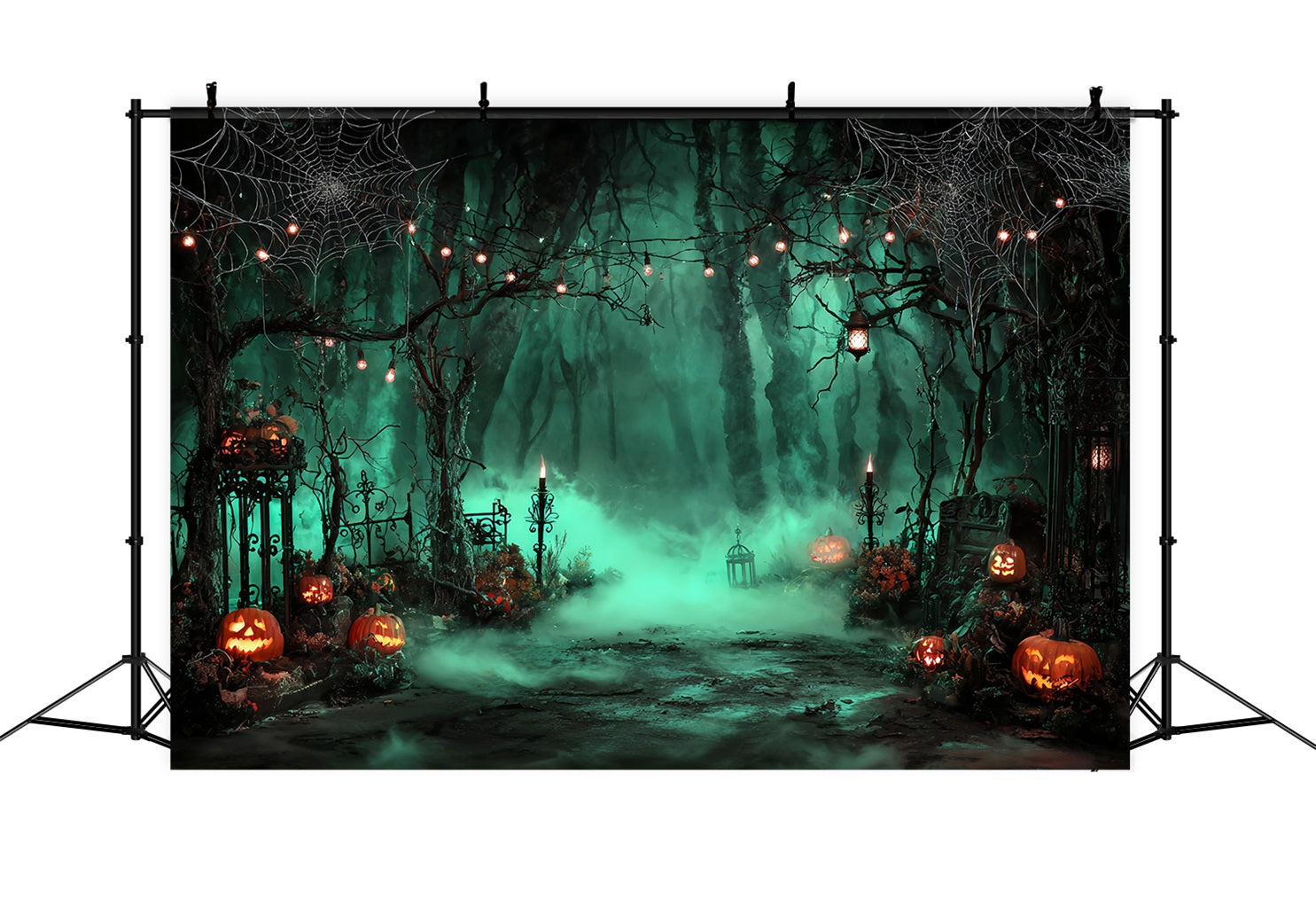 Halloween Color Backdrop Foggy Graveyard Pumpkin Lanterns Halloween Photo Backdrops TWW59-69