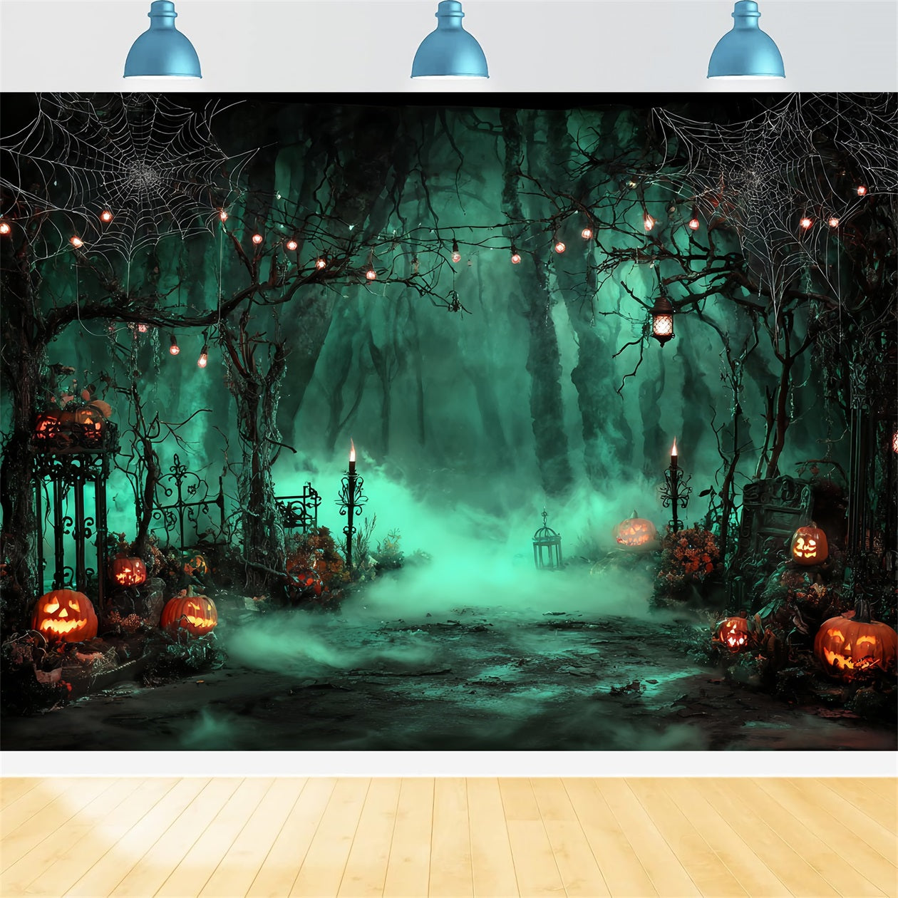 Halloween Color Backdrop Foggy Graveyard Pumpkin Lanterns Halloween Photo Backdrops TWW59-69