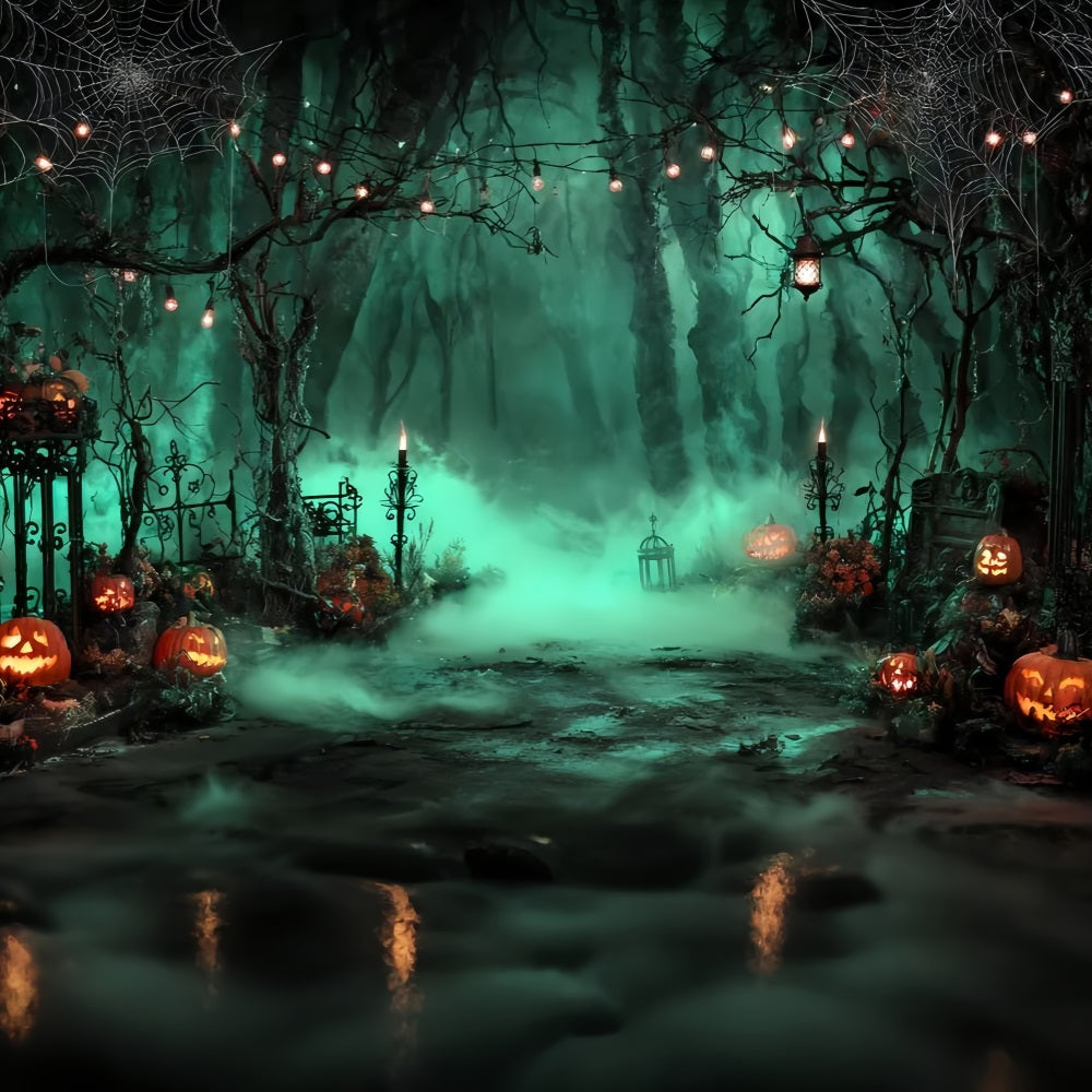 Halloween Color Backdrop Foggy Graveyard Pumpkin Lanterns Halloween Photo Backdrops TWW59-69