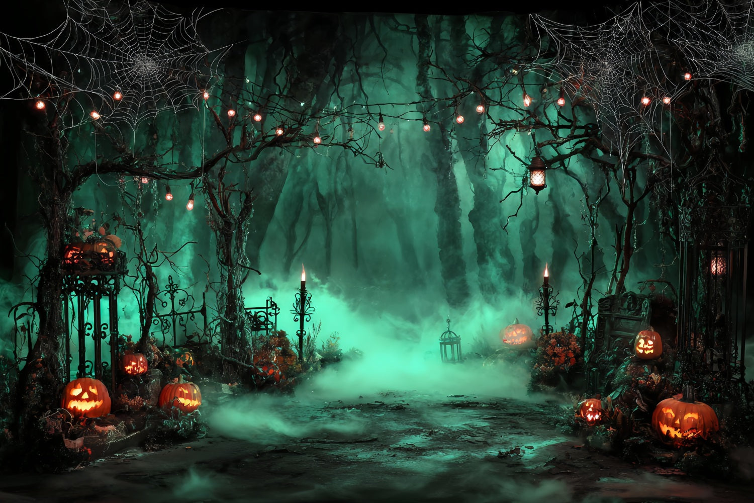 Halloween Color Backdrop Foggy Graveyard Pumpkin Lanterns Halloween Photo Backdrops TWW59-69