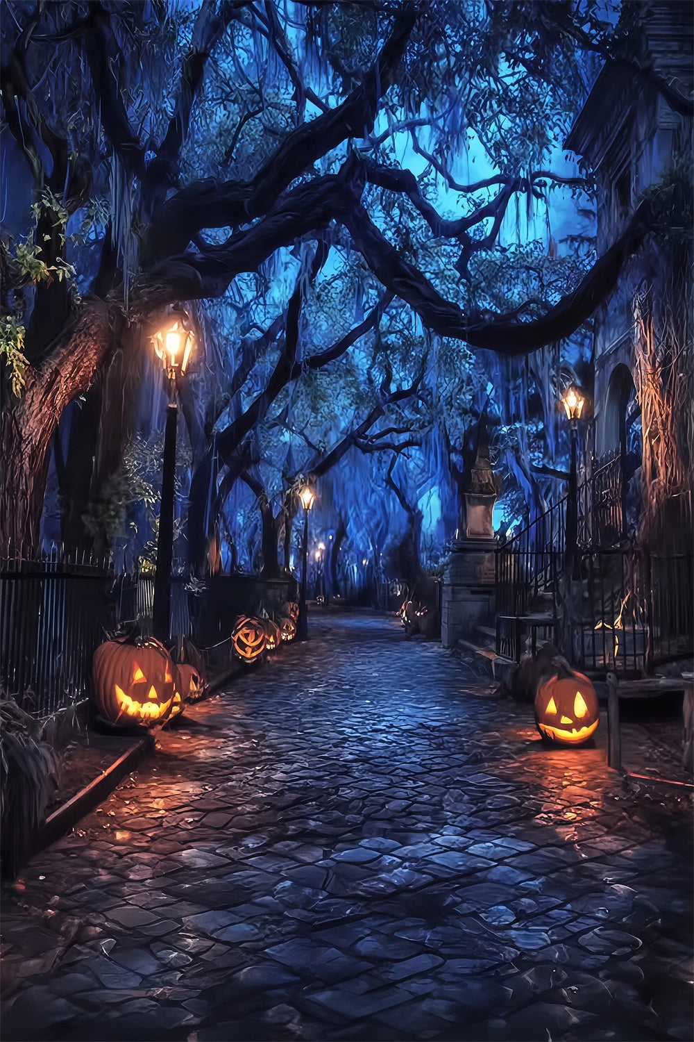Halloween Haunted Forest Backdrop Spooky Pumpkin Lantern Street Halloween Backdrops TWW59-70