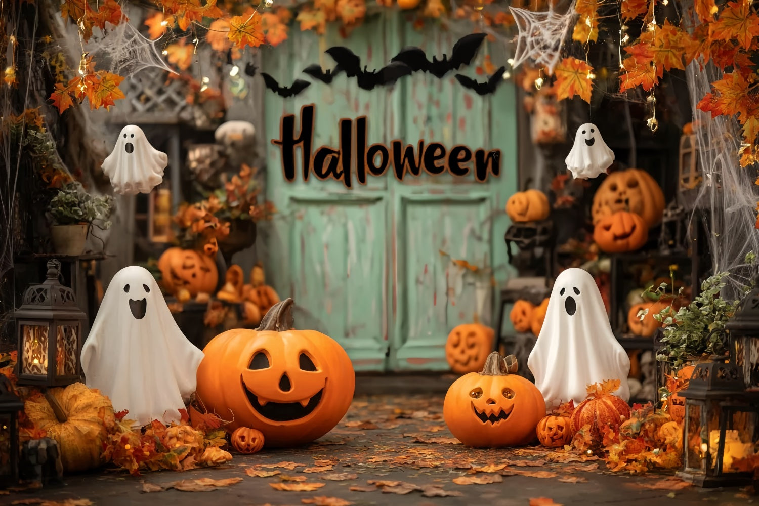 Halloween Ghost Backdrop Smiling Pumpkins Autumn Ghosts Halloween Photography Backdrop TWW59-72