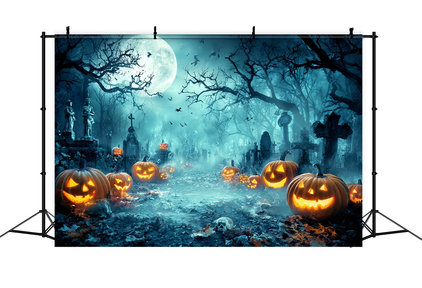 Halloween Graveyard Backdrop Creepy Graveyard Pumpkin Lanterns Halloween Photo Backdrop TWW59-73