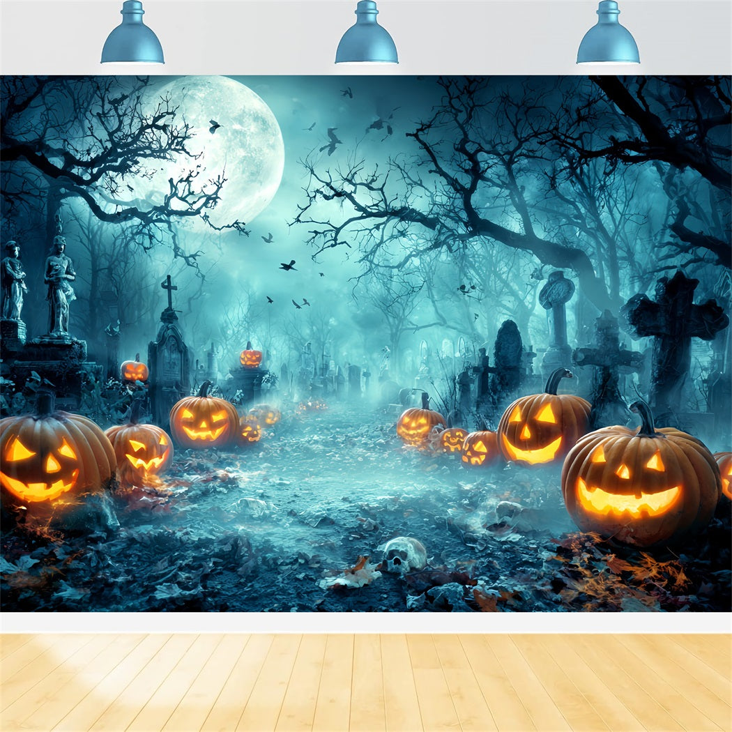 Halloween Graveyard Backdrop Creepy Graveyard Pumpkin Lanterns Halloween Photo Backdrop TWW59-73