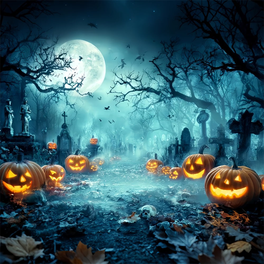 Halloween Graveyard Backdrop Creepy Graveyard Pumpkin Lanterns Halloween Photo Backdrop TWW59-73